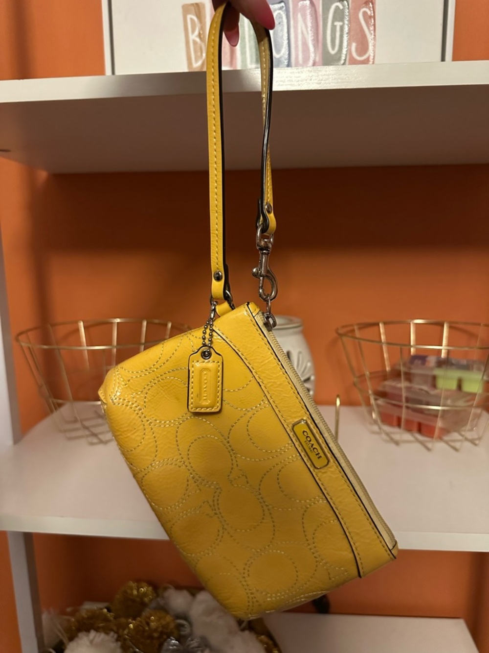 COACH Signature Print Yellow Patent Leather Wristlet